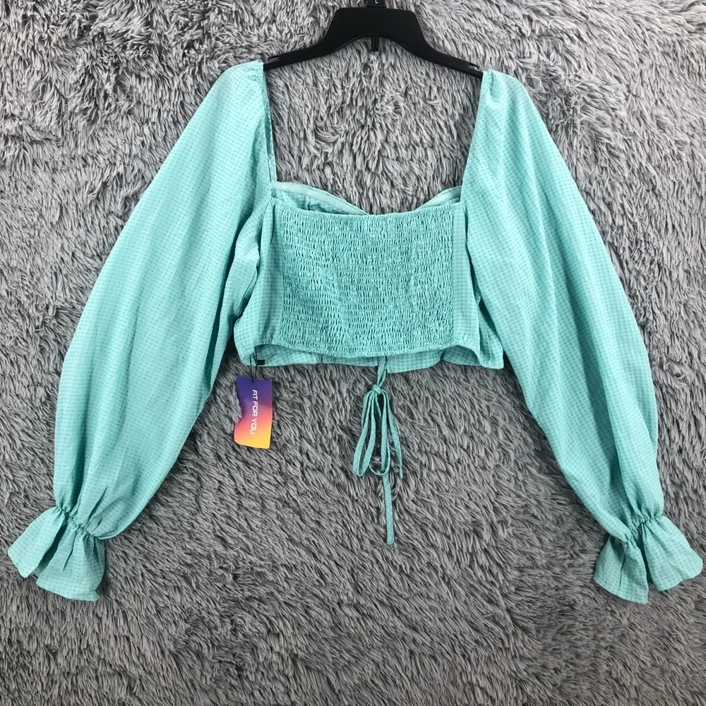 Shein Crop Top Womens 2XL Curve Blue Bustier Square Neck Lace Balloon Sleeve - Picture 5 of 10